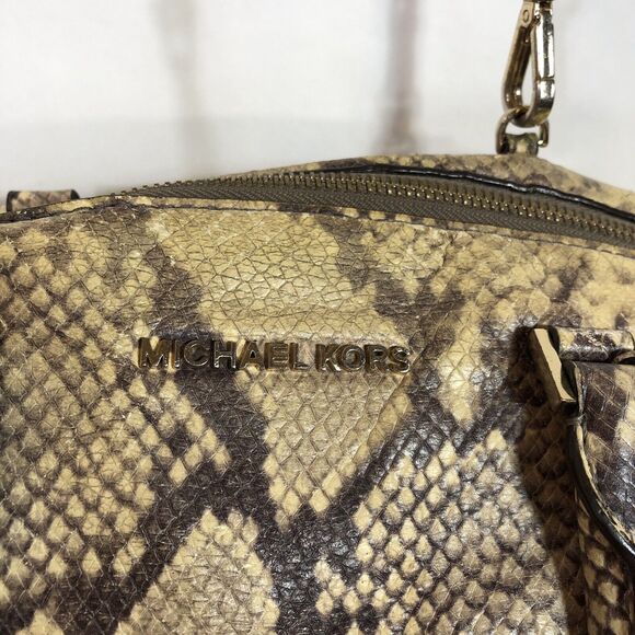 Michael Kors Riley Black Tan Beige Python Embossed Leather Satchel Crossbody - Picture 5 of 16
